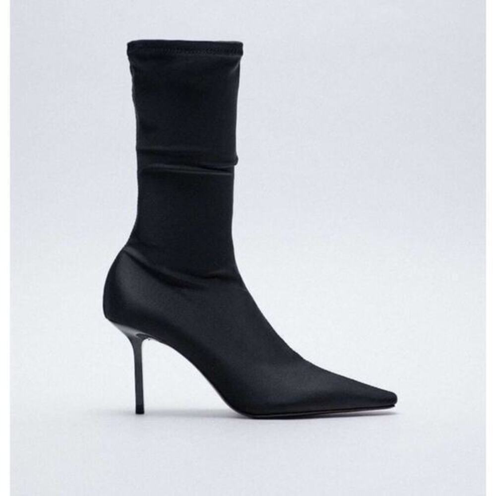 Zara Black High Heel Sock Boots square toe stiletto heel chic Size 37 / US 6.5